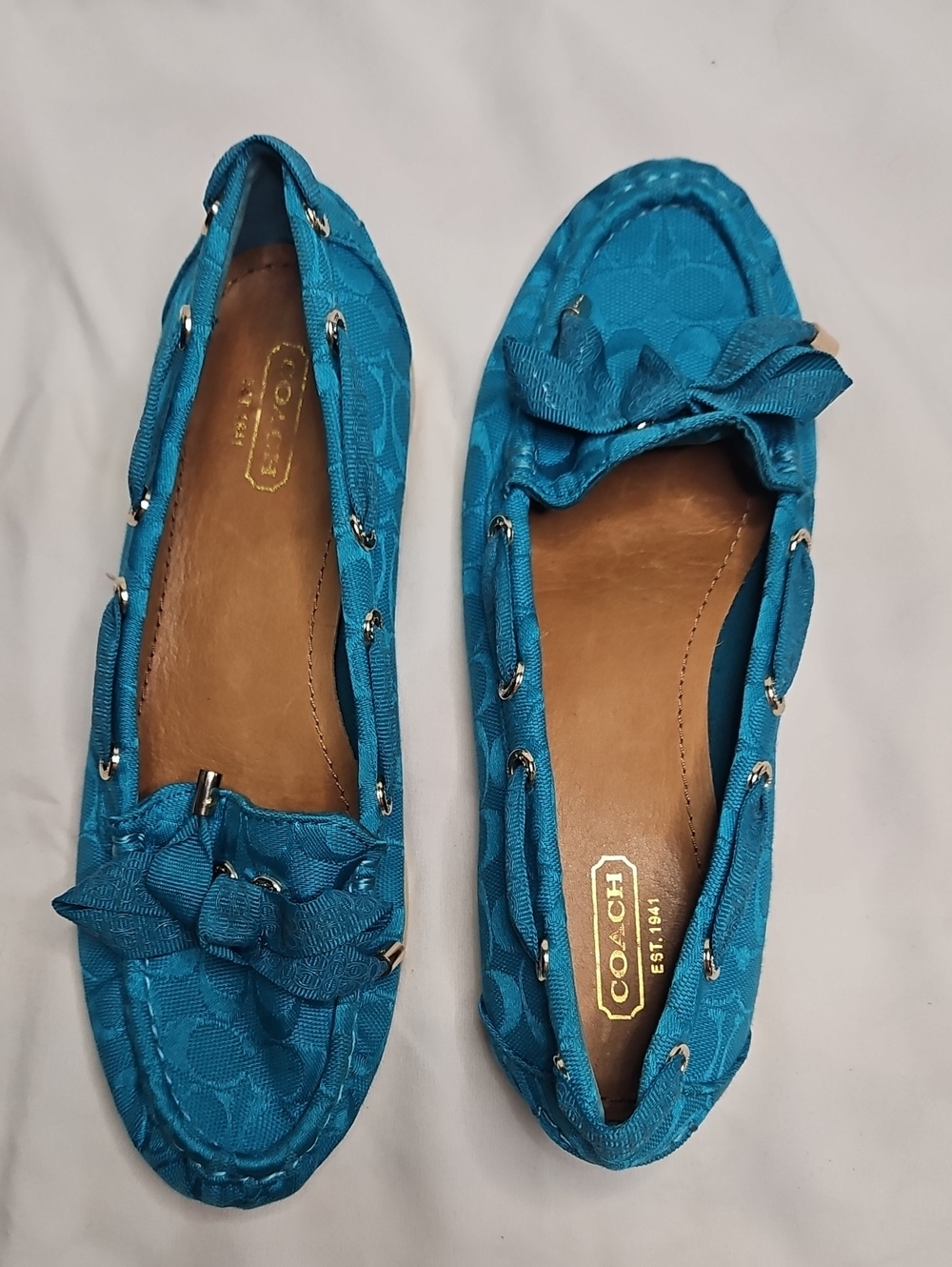 Coach Carisa Turquoise Blue Canvas Bow Loafers